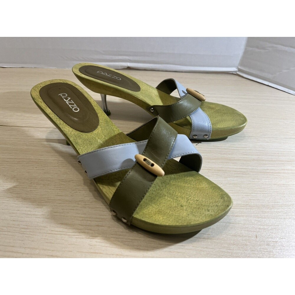 Pazzo Leather And Wood Slides Sandals Size 8.5M Blue/Green